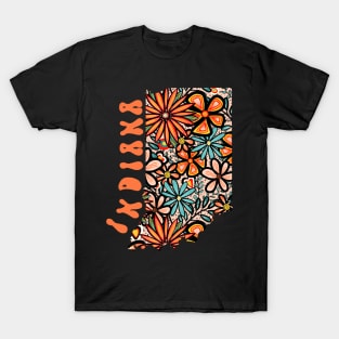 Indiana State Design | Artist Designed Illustration Featuring Indiana State Outline Filled With Retro Flowers with Retro Hand-Lettering T-Shirt